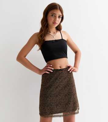 Girls Brown Leopard Print Mesh A-Line Skirt 