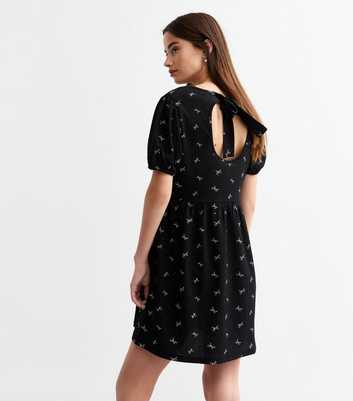 Black Bow Print Crinkled Open Back Mini Dress