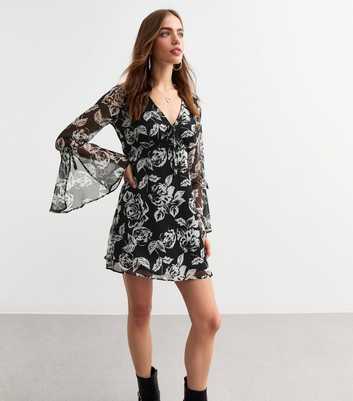 Black Chiffon Floral Print Mini Dress