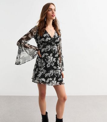 Black Chiffon Floral Print Mini Dress New Look