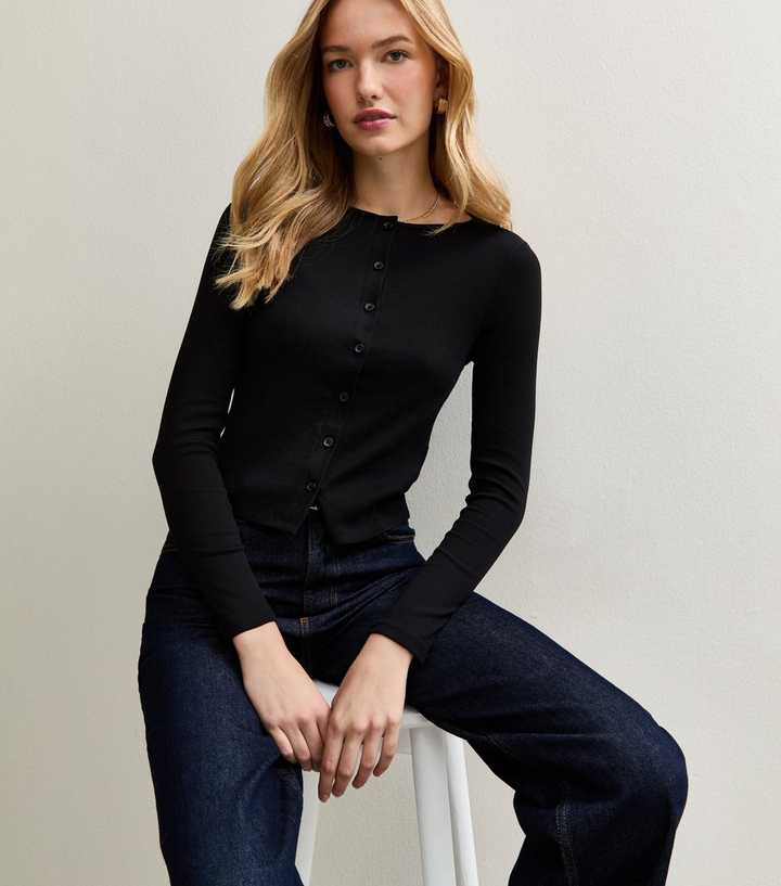 Black Rib Crew Neck Cardigan New Look
