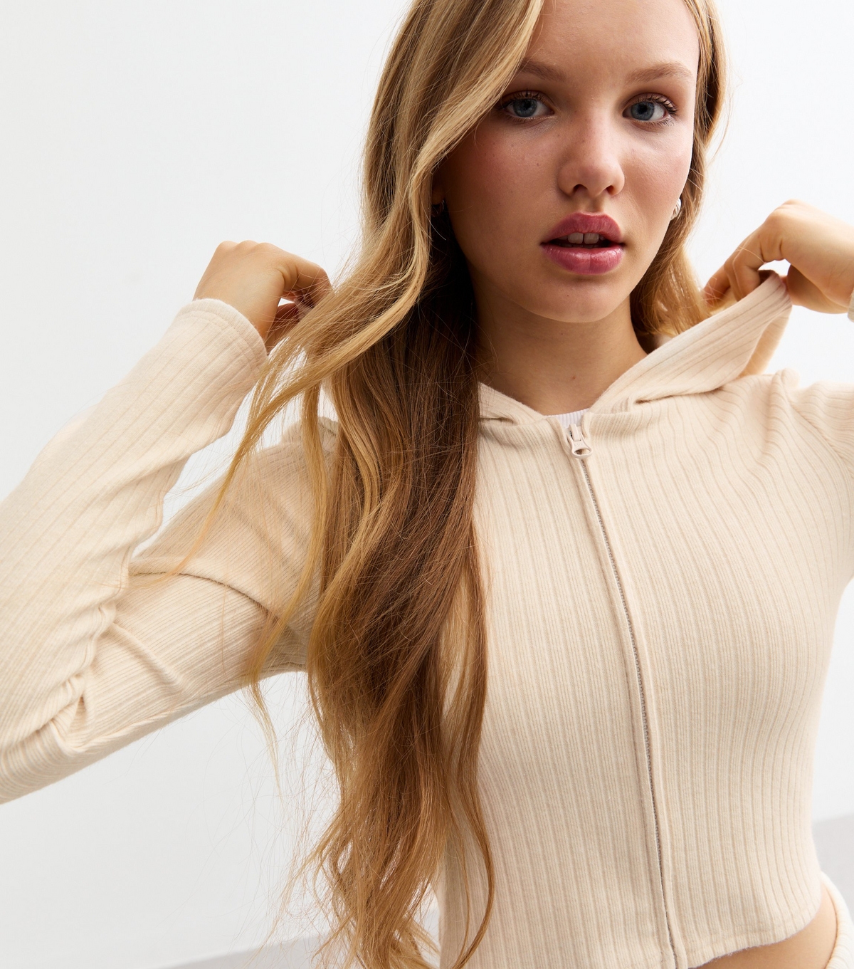 Girls' Off White Ribbed Jersey Hoodie New Look