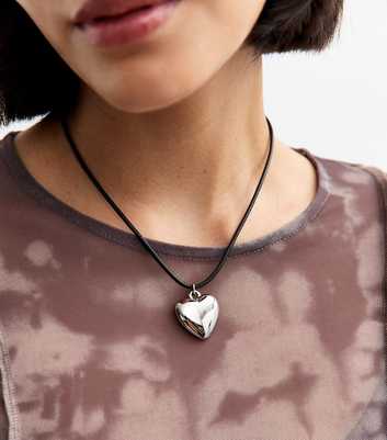 Silver Tone Heart Pendant Cord Necklace