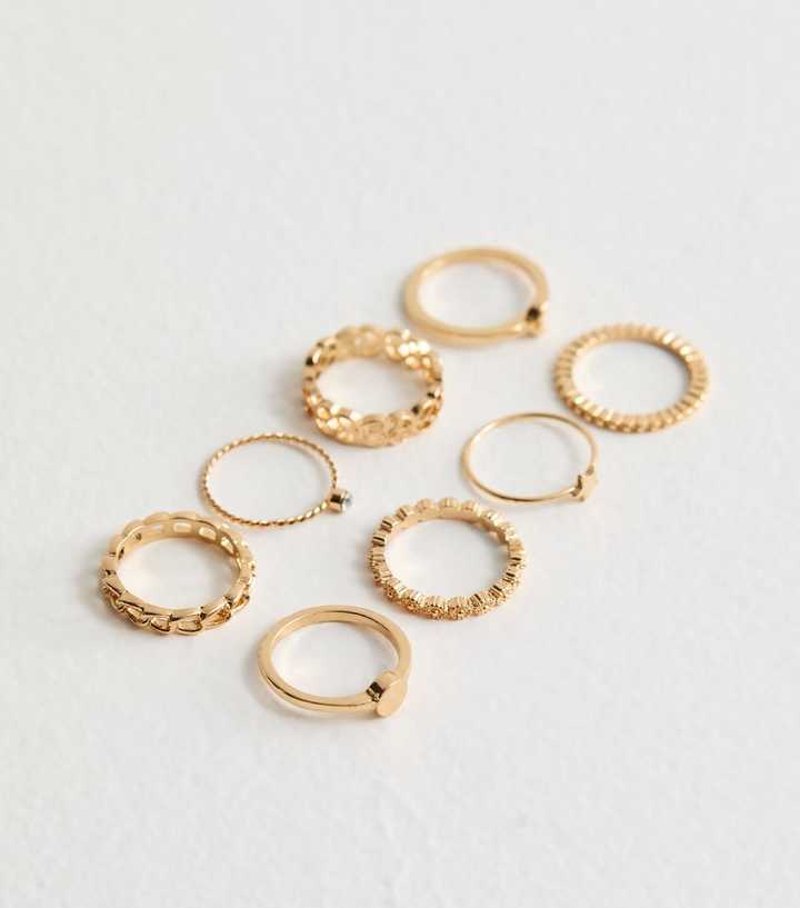 Star Rings Packing 8 Pack of Gold Tone Moon Star Rings | New Look