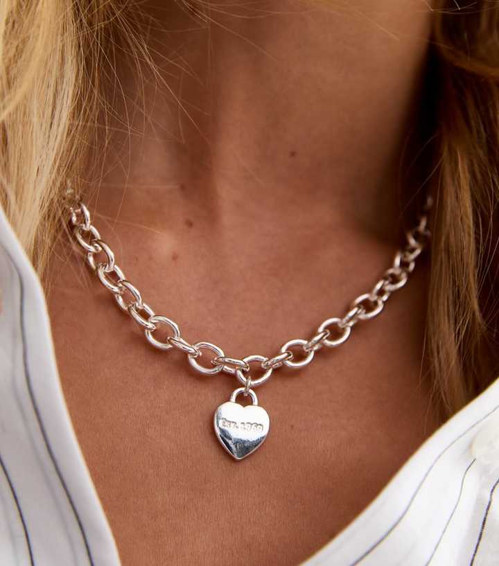 Silver Tone Engraved Heart Tag Chain Necklace