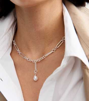 Silver Tone Pearl Pendant Link Chain Necklace 