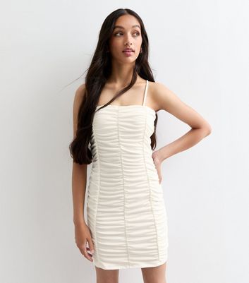 Girls White Ruched Bandeau Dress New Look