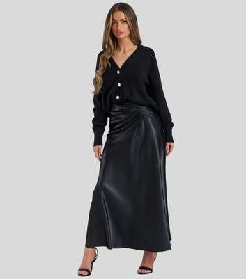 Finding Friday Black Satin Ruched Detail Midi Skirt