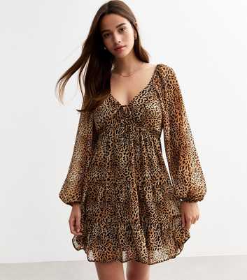 Brown Chiffon Leopard Print Keyhole Mini Smock Dress