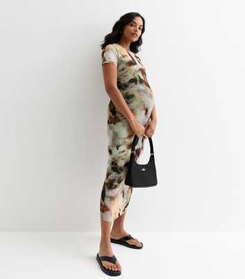 Maternity Brown Brushstroke Mesh Midi Dress