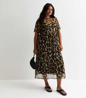 Curves Brown Leopard Print Mesh Midi Dress