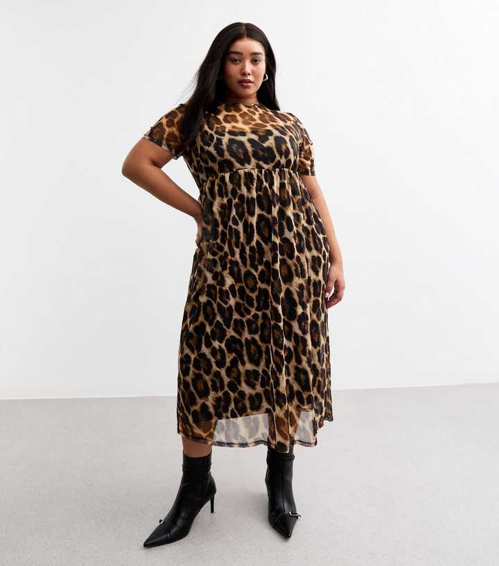 Curves Brown Leopard Print Mesh Midi Dress