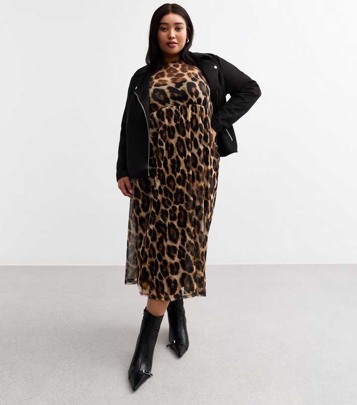 Curves Brown Leopard Print Mesh Midi Dress | New Look