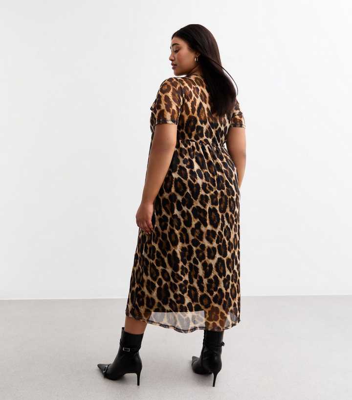 Curves Brown Leopard Print Mesh Midi Dress | New Look