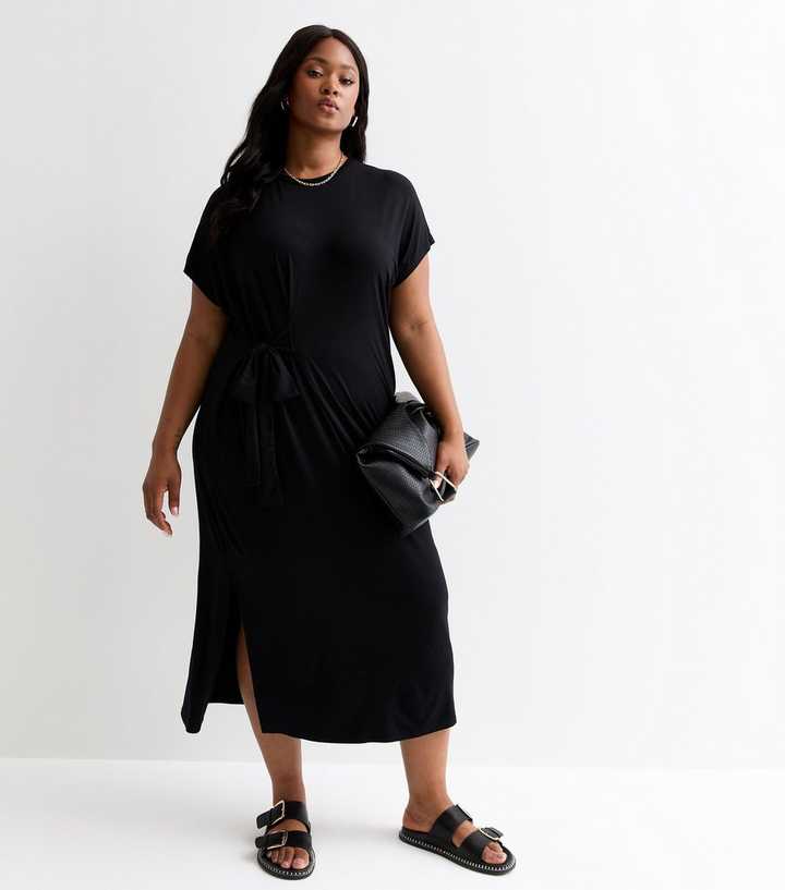 Curves Black Tie Waist T-Shirt Dress | New Look