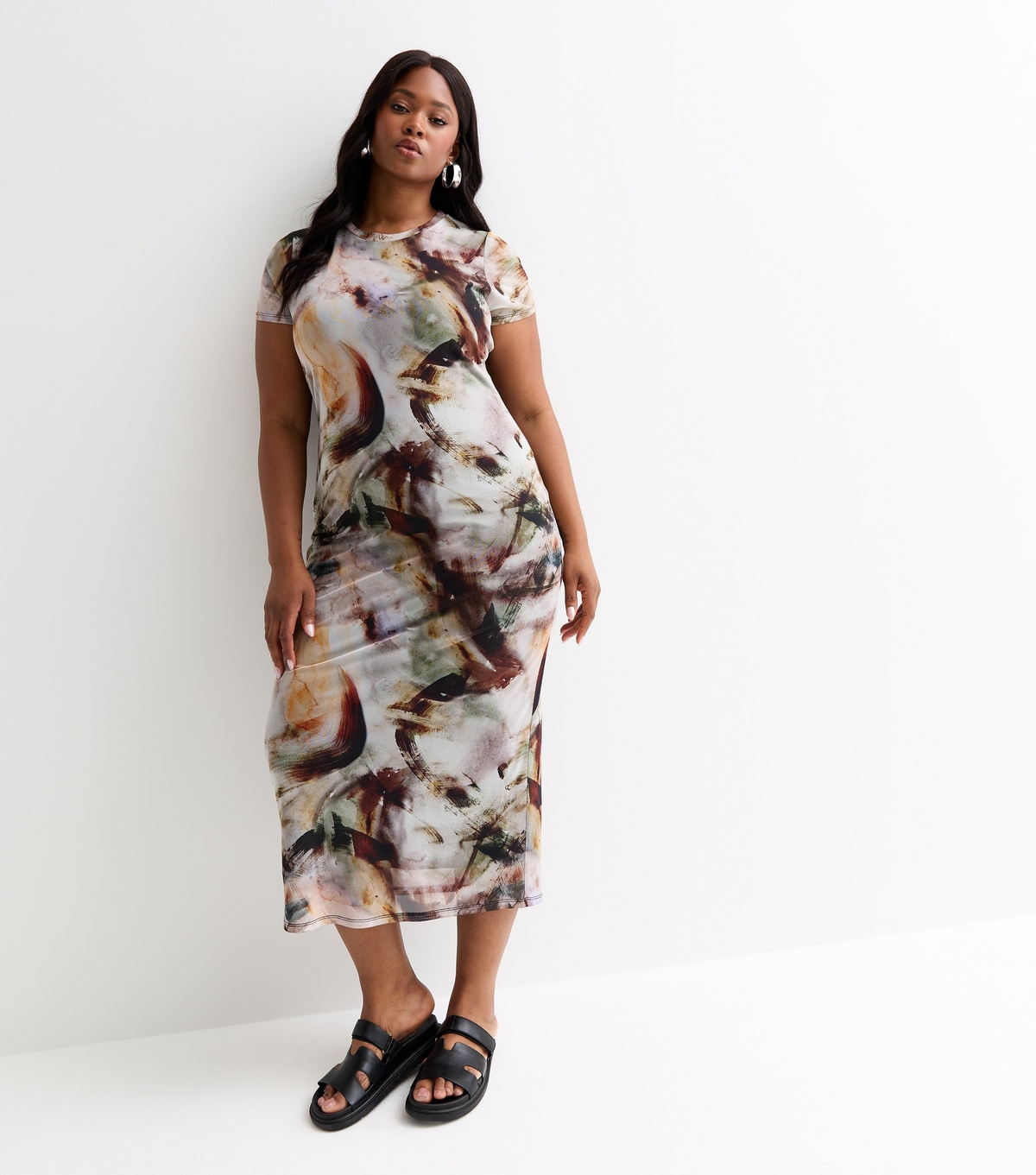 Women's Plus Size Brown Abstract Print Mesh Midi Dress Curves New Look