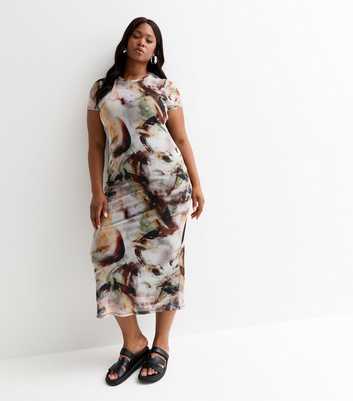 Curves Brown Abstract Print Mesh Midi Dress