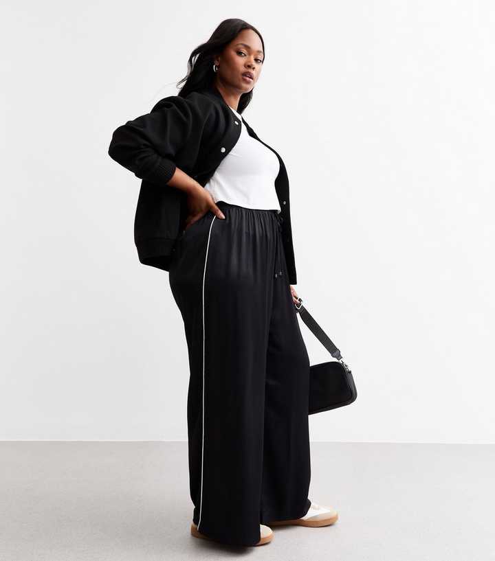 Curves Black Side Stripe Satin Wide Leg Trousers