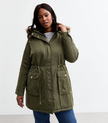 Curves Green Faux Fur Trimmed Parka Jacket New Look