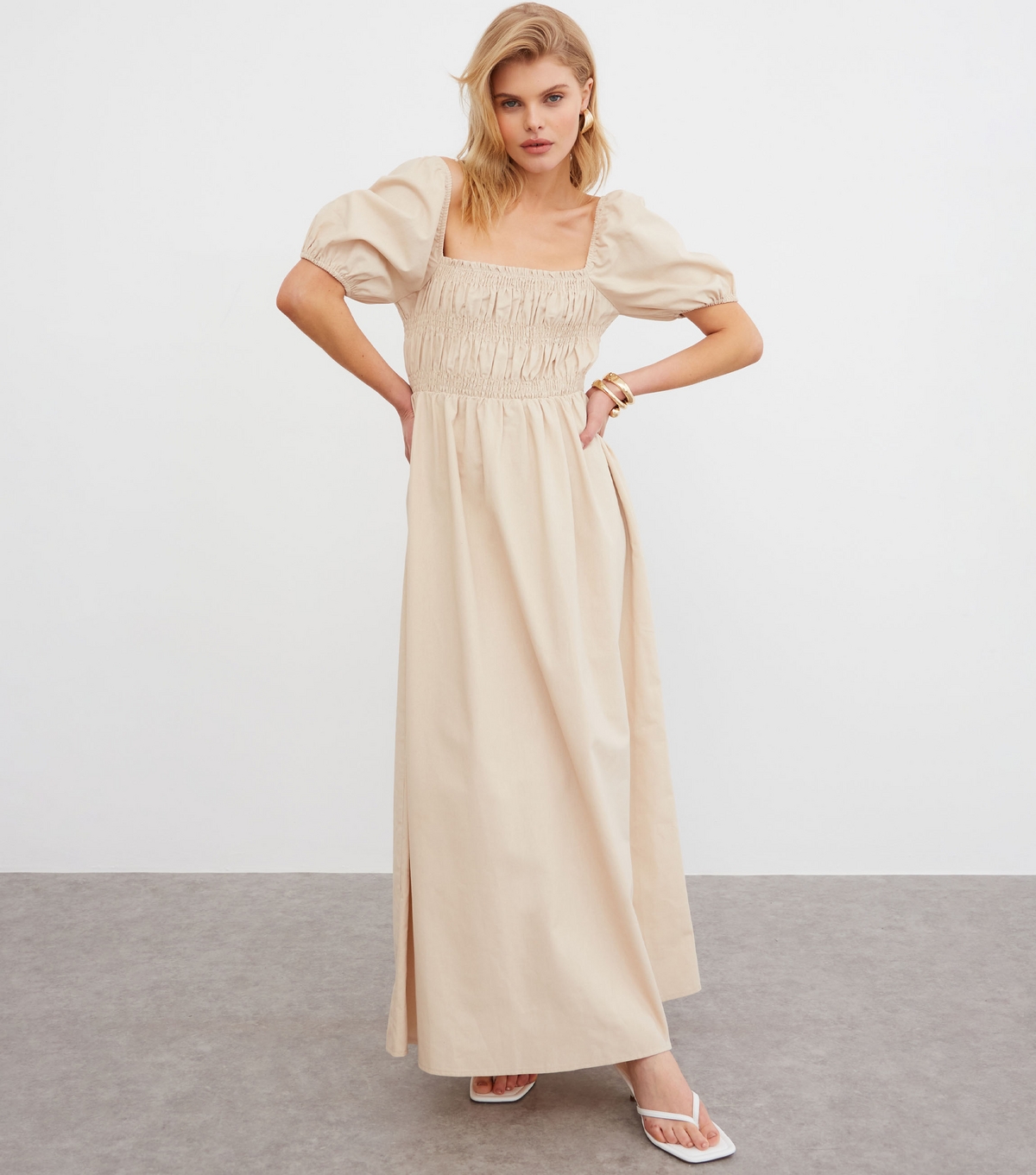 Women's Stone Linen-Blend Shirred Maxi Dress WKNDGIRL New Look