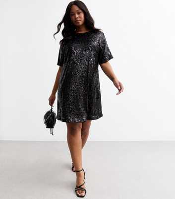 Curves Black Sequinned Mini T Shirt Dress