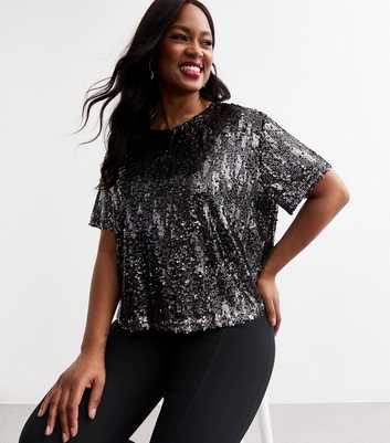 Curves Grey Sequinned Short Sleeve Top