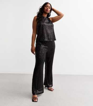 Curves Black Sequin Kick Flare Trousers