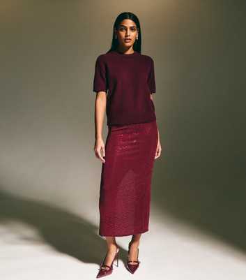 Burgundy Sequinned Stretch Jersey Midi Skirt