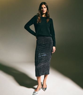 Navy Sequinned Stretch Jersey Midi Skirt New Look