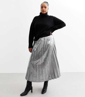 Curves Silver Shimmer Pleated Midi Skirt