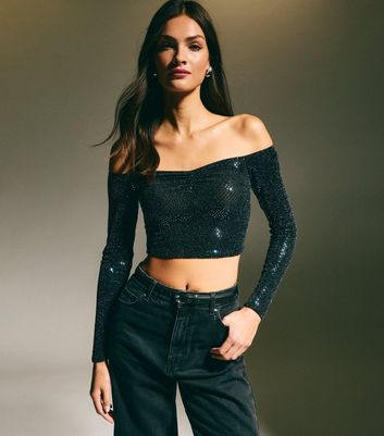 Navy Sequin Bardot Long Sleeve Crop Top New Look