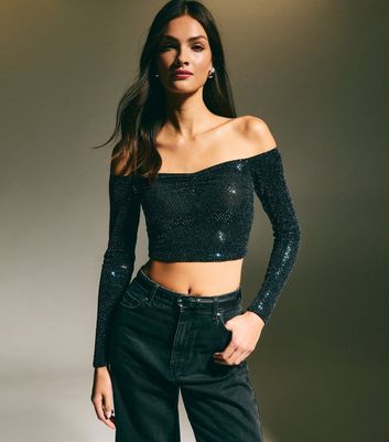 Navy Sequin Bardot Long Sleeve Crop Top