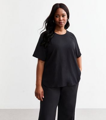 Curves Black Woven Crew Neck T-Shirt New Look