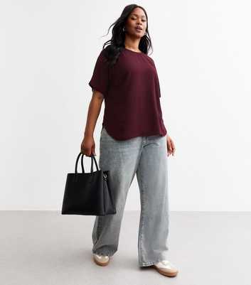 Curves Burgundy Woven Crew Neck T-Shirt