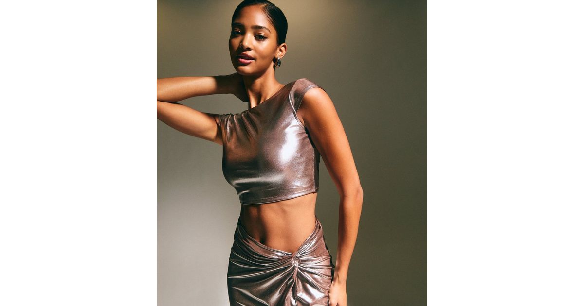 Dark Brown Low Back Metallic Crop Top New Look