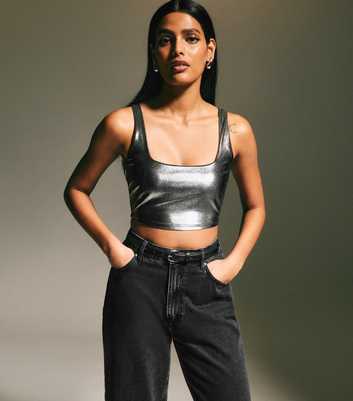 Grey Metallic Jersey Crop Top