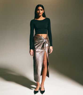 Dark Brown Knotted Slit Front Metallic Midi Skirt