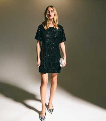 Black Sequin T-Shirt Mini Dress