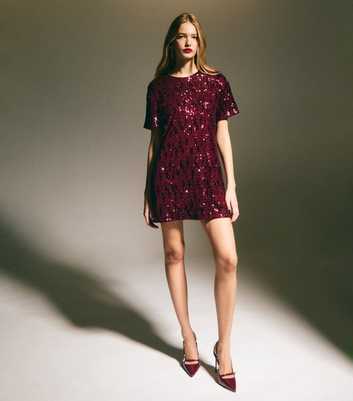 Burgundy Sequin T-Shirt Mini Dress