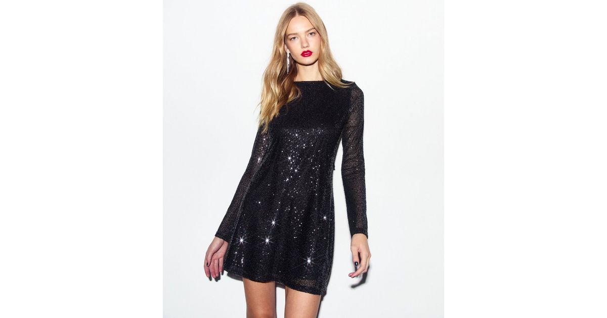 Black Sequin Long Sleeve Mini Dress New Look