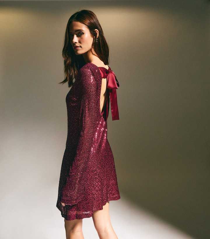 chinese dress ladies Ritz | Burgundy Sequin Plunge-Neck Mini Dress with Long Sleeves