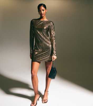 Bronze Plisse Long Sleeve Mini Dress