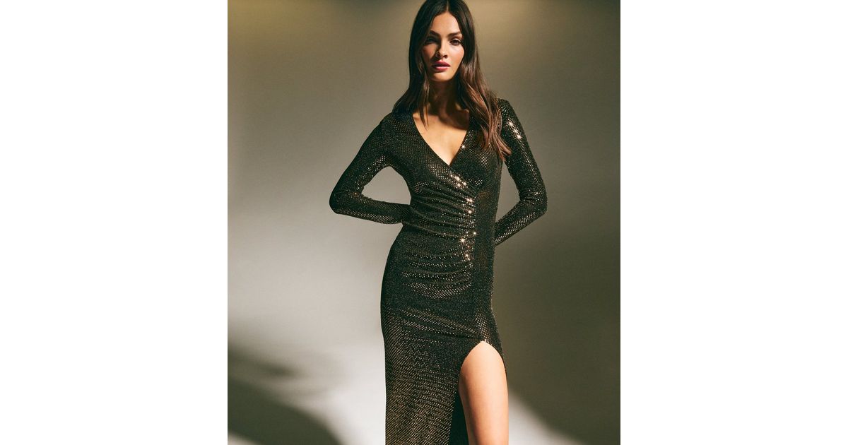 Sequin Wrap Cocktail Midi Dress in Gold Gold Sequin Wrap Long Sleeve Midi  Dress | New Look