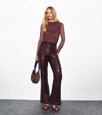 Brown Sequin Kick Flare Trousers