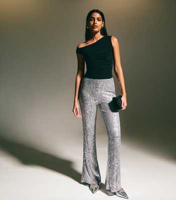 Silver Sequin Kick Flare Trousers