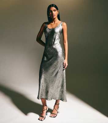 Silver Metallic Foil Midi Slip Dress