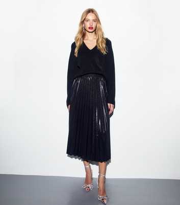 Black Shimmer Pleated Midi Skirt 