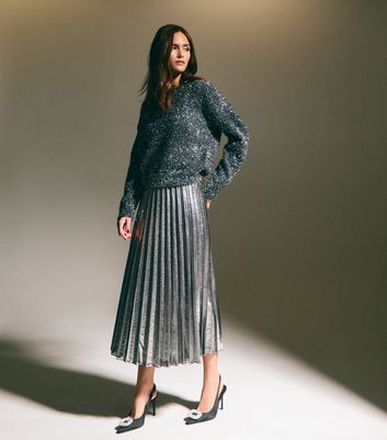 Silver Shimmer Pleated Midi Skirt New Look