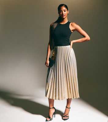 Gold Shimmer Pleated Midi Skirt 