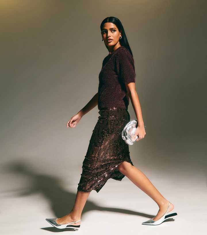 Dark Brown Sequinned Mesh Midi Skirt - Main Image